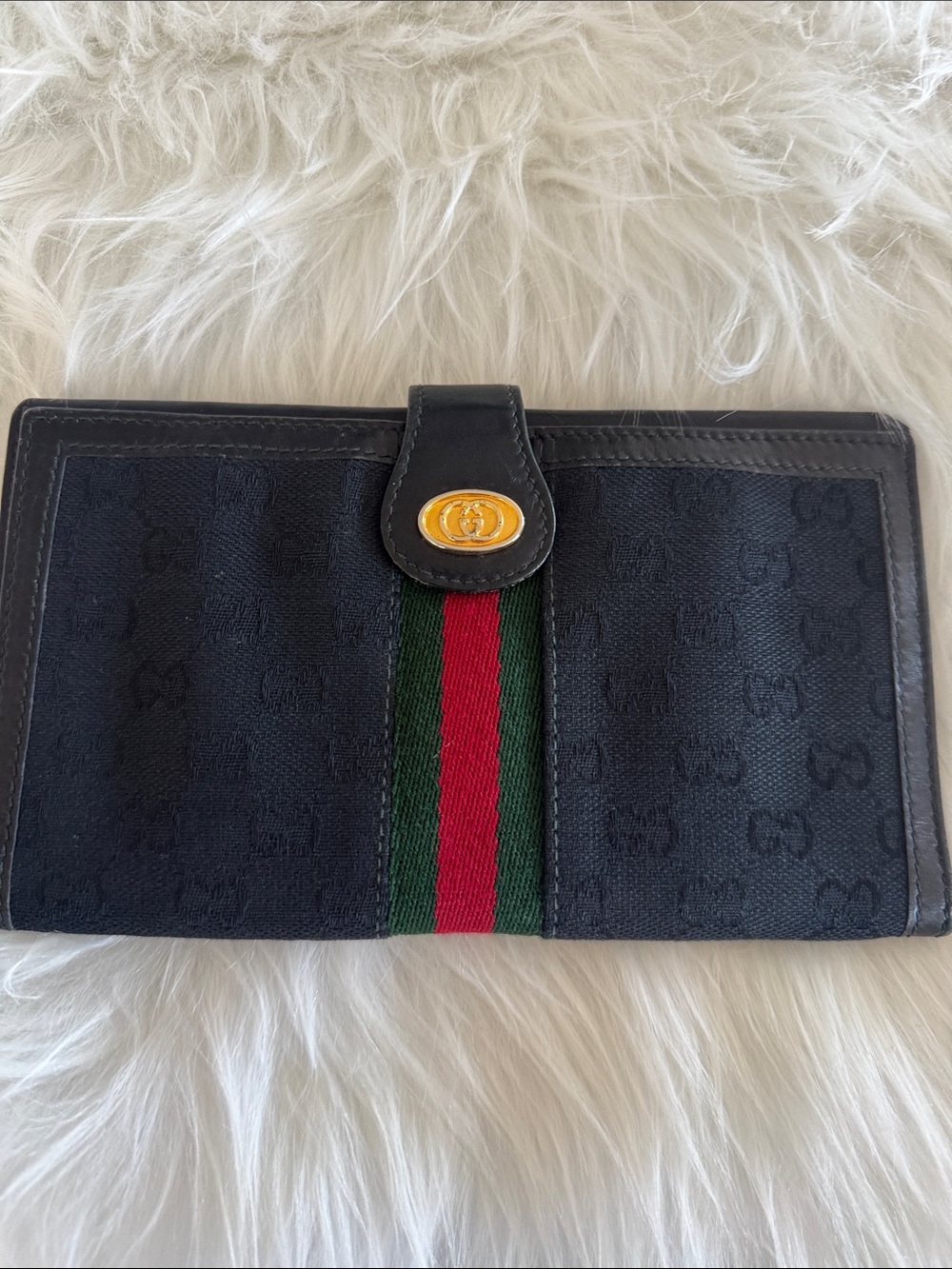 Gucci Black Canvas Continental Wallet with Green and Red Web Stripe